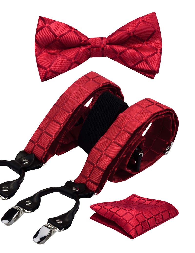 GUSLESON Mens Wedding Red Suspenders Pre-tied Bow Tie and Pocket Square Set Male Plaid Adjustable Tuxedo Suspender (0102-13) - Image 1